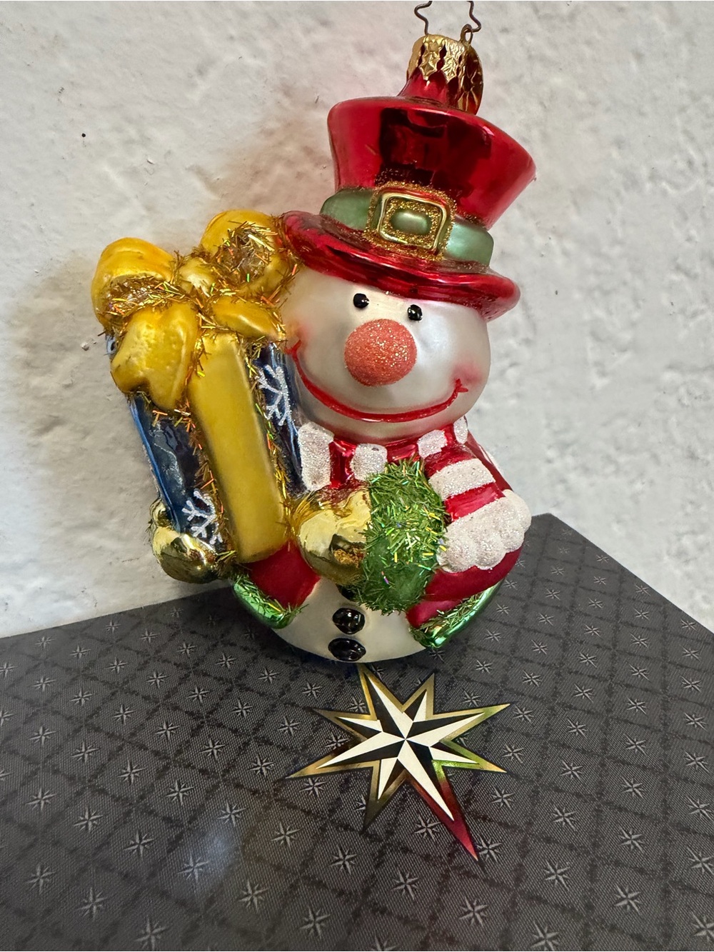 Christopher Radko Red Top Hat Snowman Ornament with Gold Present